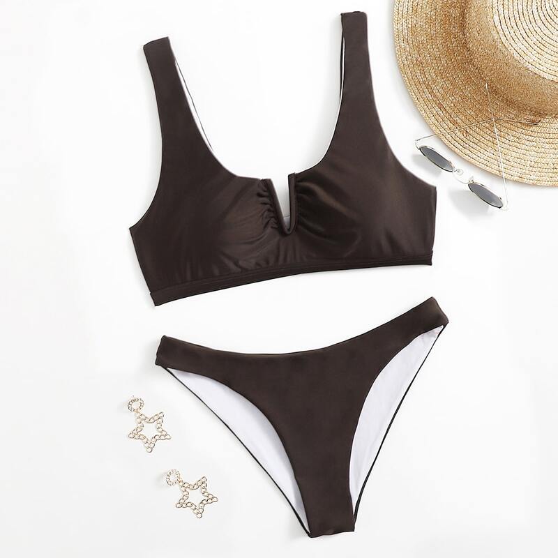 

Solid V-wired Bikini Swimsuit, Coffee brown