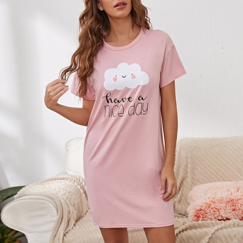 

Slogan & Cartoon Graphic Nightdress, Baby pink