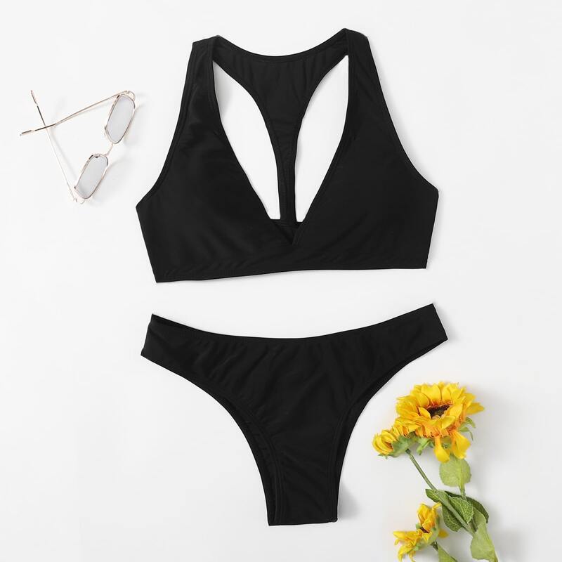 

Solid V Neck Bikini Swimsuit, Black