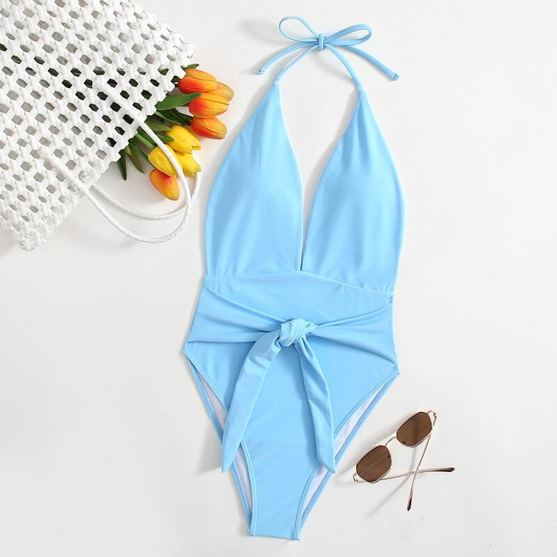 

Knot Front Halter One Piece Swimsuit, Baby blue