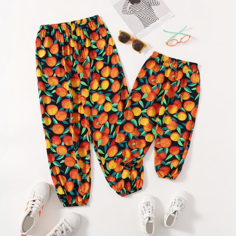 

1pc All Over Fruits Print Tapered Pants, Orange