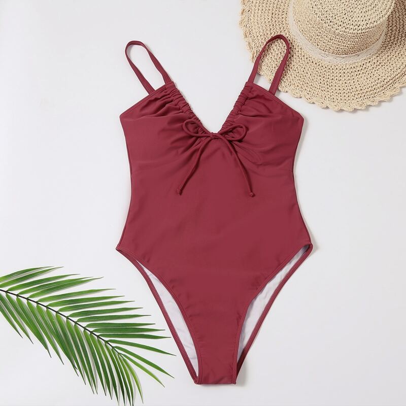 

Drawstring Front One Piece Swimsuit, Rose red