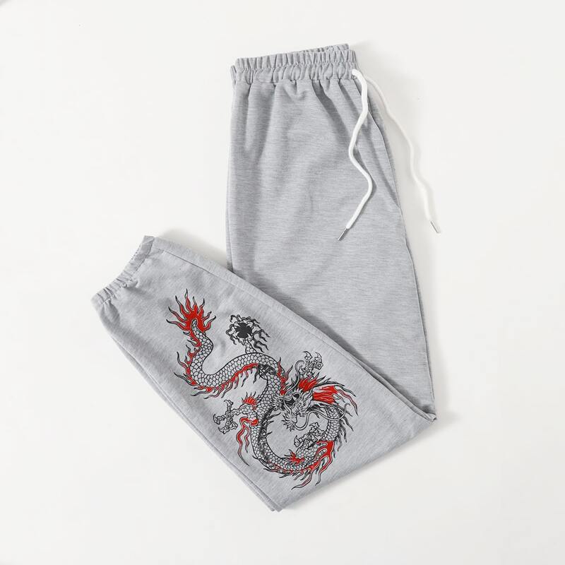 

Chinese Dragon Pattern Drawstring Sweatpants, Light grey