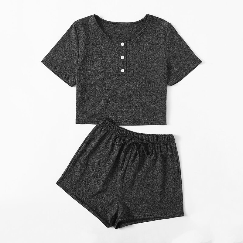

Button Front Tee PJ Set, Dark grey