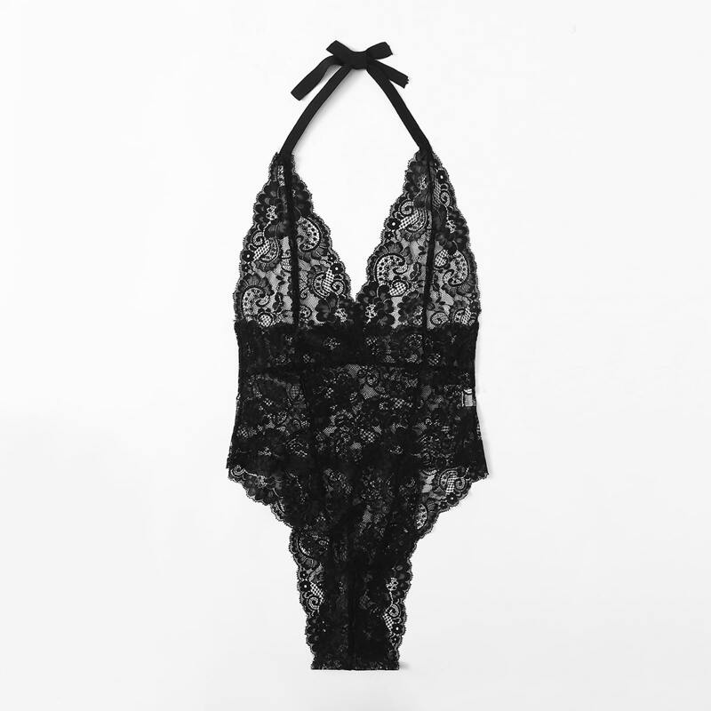 

Floral Lace Halter Teddy Bodysuit, Black