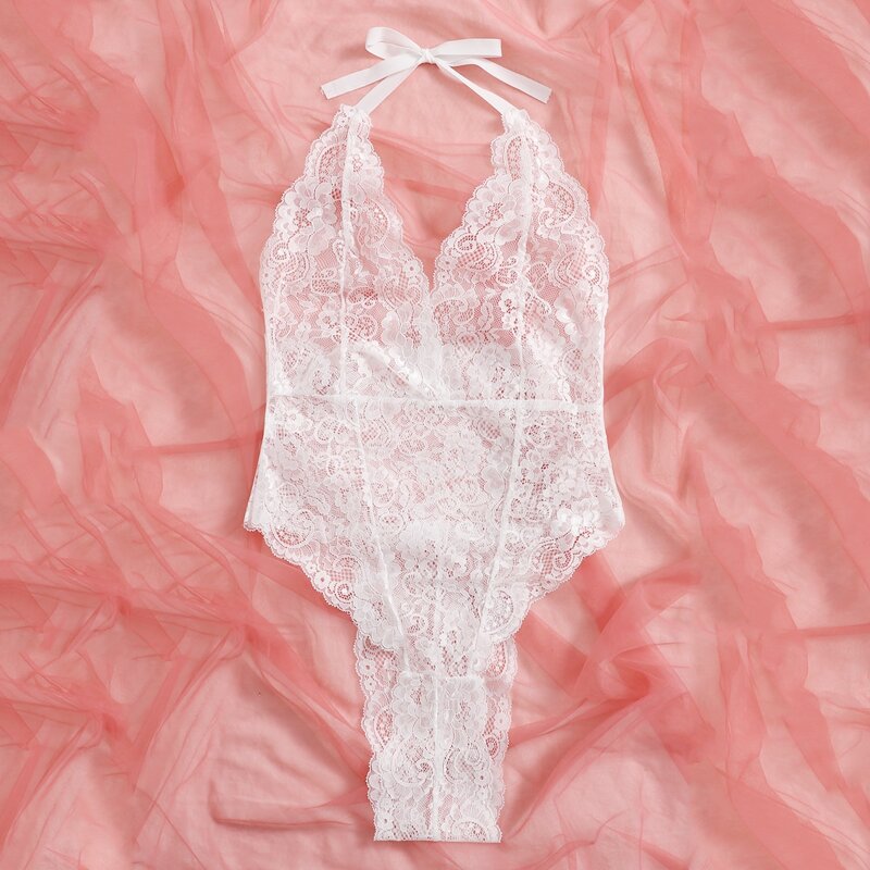 

Floral Lace Halter Teddy Bodysuit, White