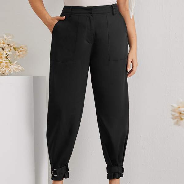 

Plus D-ring Buckle Strap Solid Pants, Black