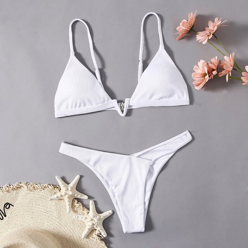 

Ribbed Cut-out High Leg Bikini Swimsuit, White