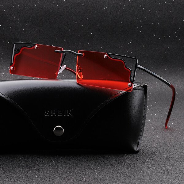 

Men Rimless Rectangle Frame Sunglasses, Red