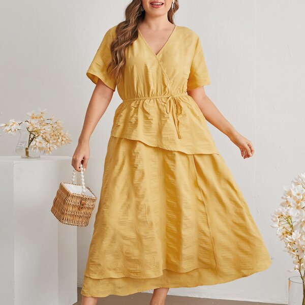 

Plus Solid Knot Waist Ruffle Trim Dress, Yellow