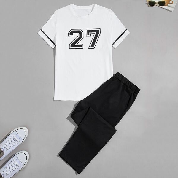

Men Letter Graphic Tee & Sweatpants, Black and white