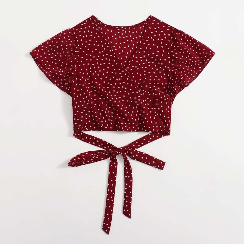 

Polka Dot Wrap Tie Front Crop Top, Burgundy