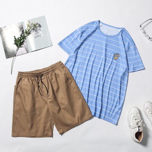 

Men Striped Top & Pocket Shorts Set, Multicolor