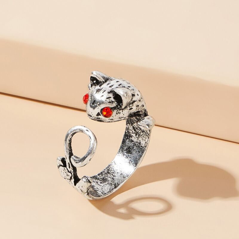

1pc Rhinestone Cat Ring, Silver