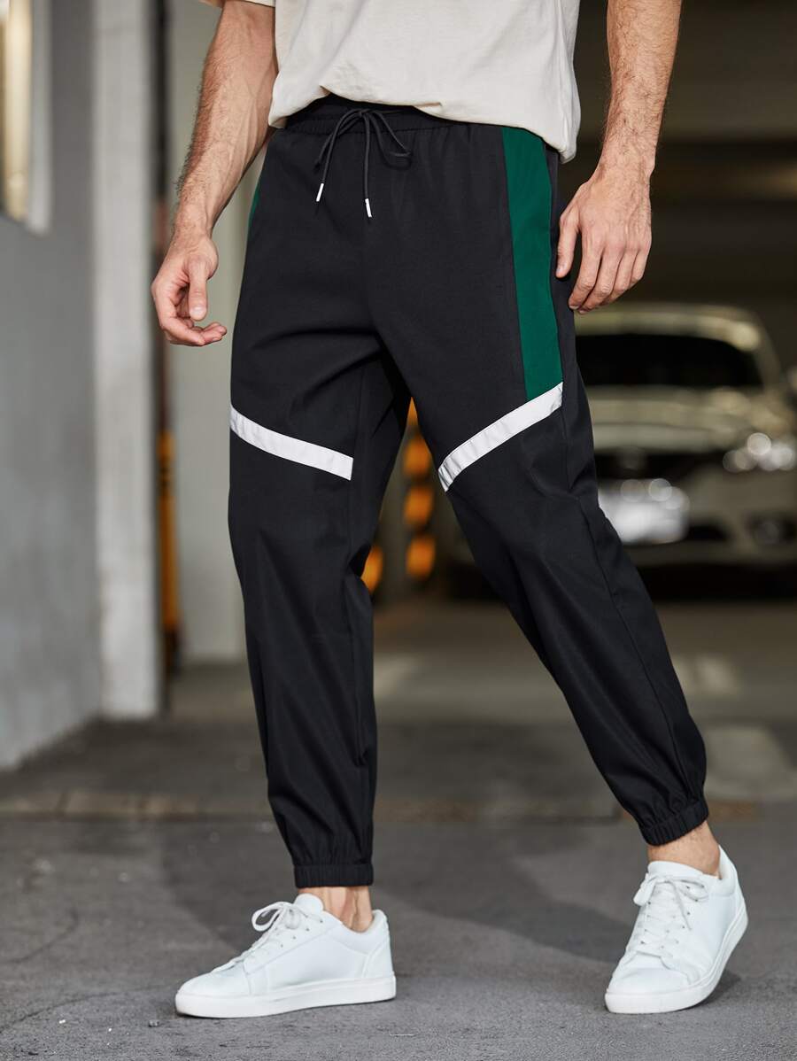 Manfinity Pantalones de cintura con cordón panel lateral - Negro - Ver 1