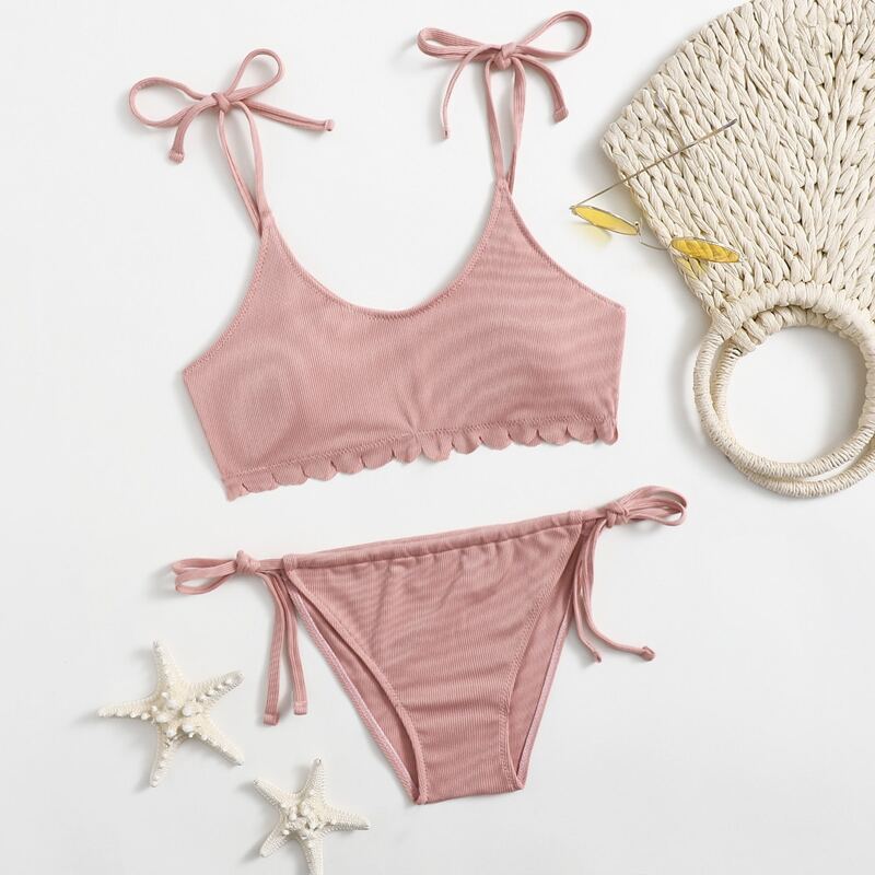 

Solid Scallop Tie Side Bikini Swimsuit, Dusty pink