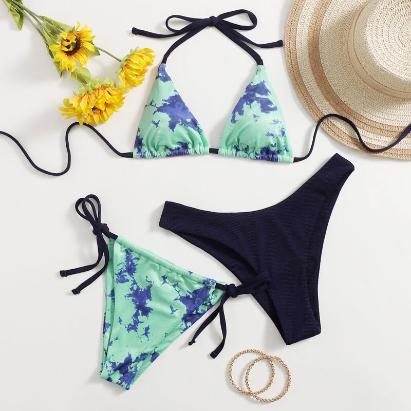 

3pack Tie Dye Triangle Halter Bikini Swimsuit, Multicolor