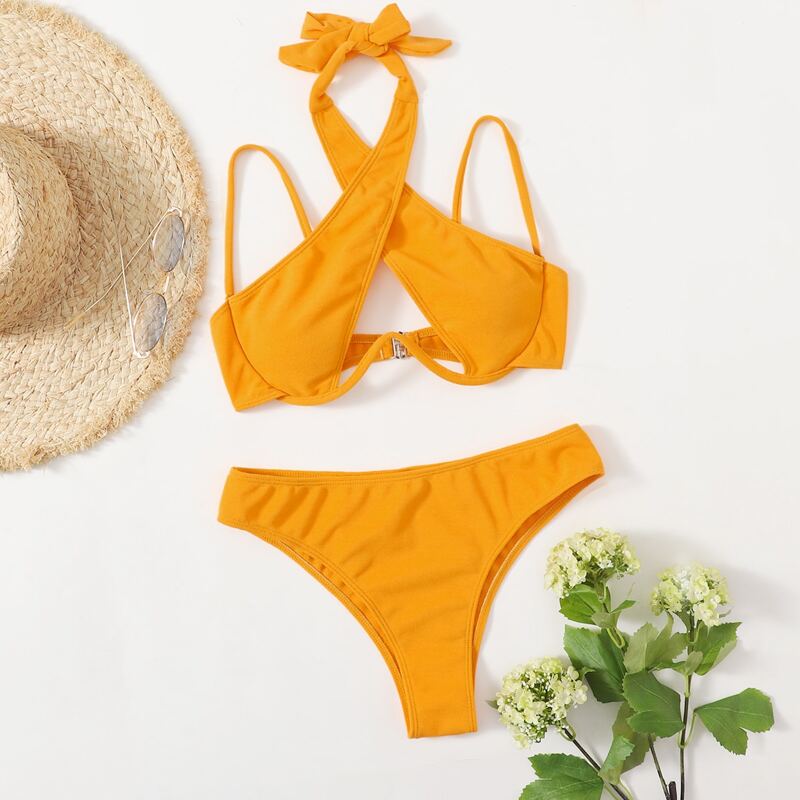 

Crisscross Halter Underwire Bikini Swimsuit, Yellow
