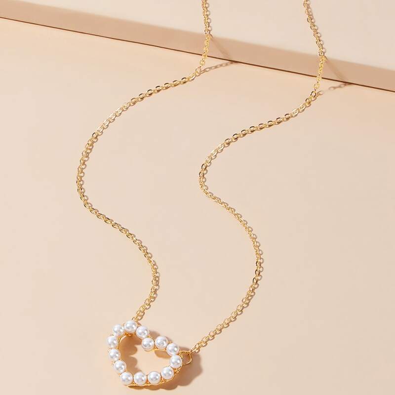 

Faux Pearl Heart Pendant Necklace, Gold
