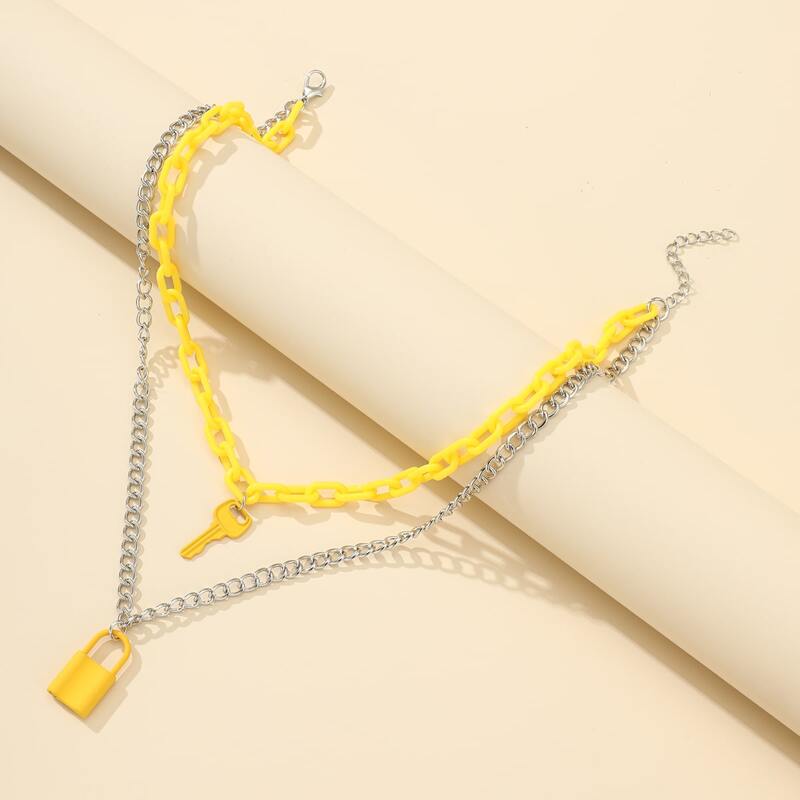 

Colorblock Key & Lock Layered Necklace, Yellow