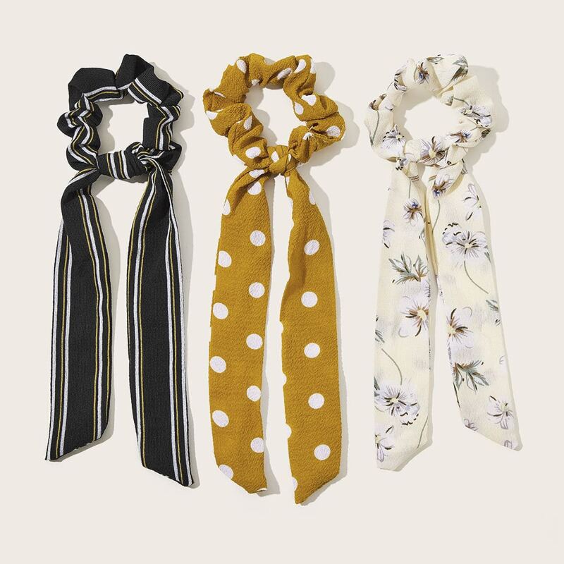 

3pcs Striped & Floral Scrunchie Scarf, Multicolor