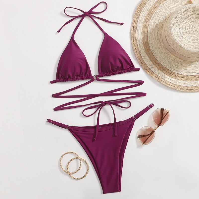 

Crisscross Detail Triangle Bikini Swimsuit, Purple