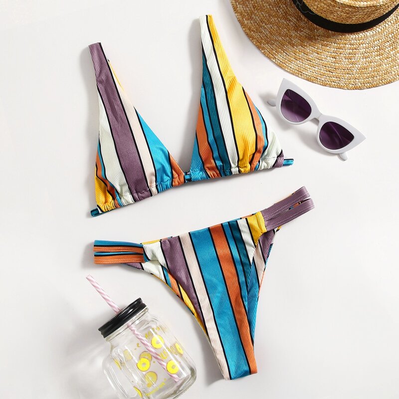 

Striped Cut Out Bikini Swimsuit, Multicolor