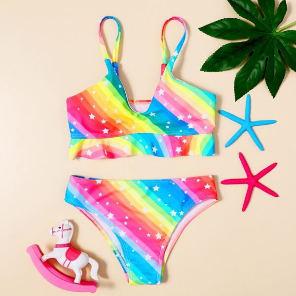 

Girls Rainbow Stripe & Star Print Bikini Swimsuit, Multicolor