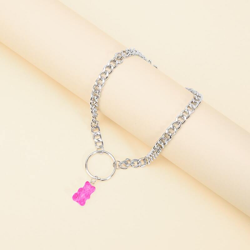 

Bear Decor Chain Necklace, Hot pink