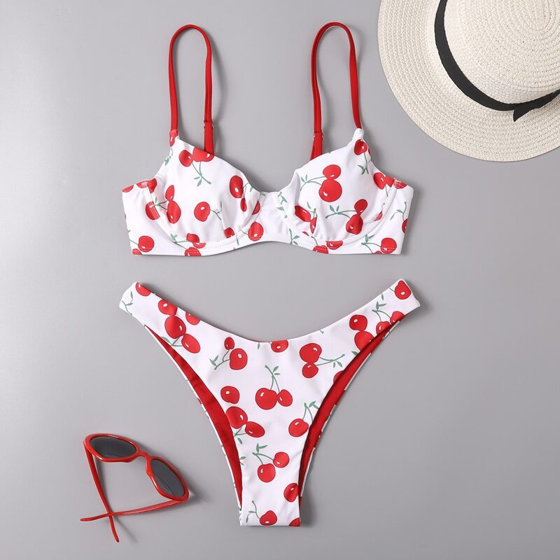 

Cherry Print High Cut Bikini Swimsuit, Red and white