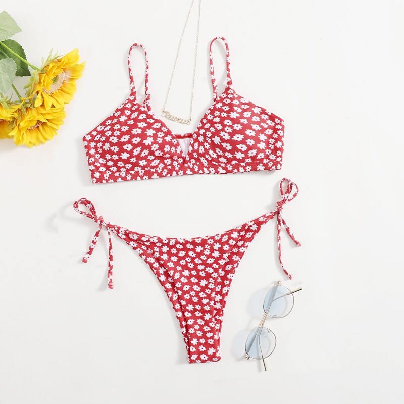 

Disty Flower Tie Side Bikini Swimsuit, Red and white