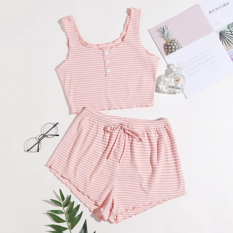 

Striped Lettuce Trim Lounge Set, Baby pink