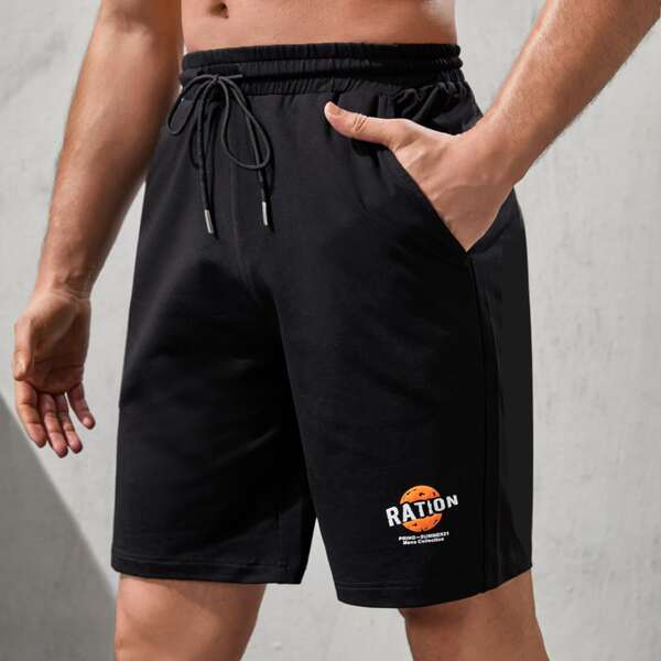 

Men Letter Graphic Drawstring Waist Sports Shorts, Black