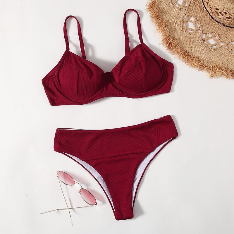 

Solid Push Up Bikini Swimsuit, Burgundy