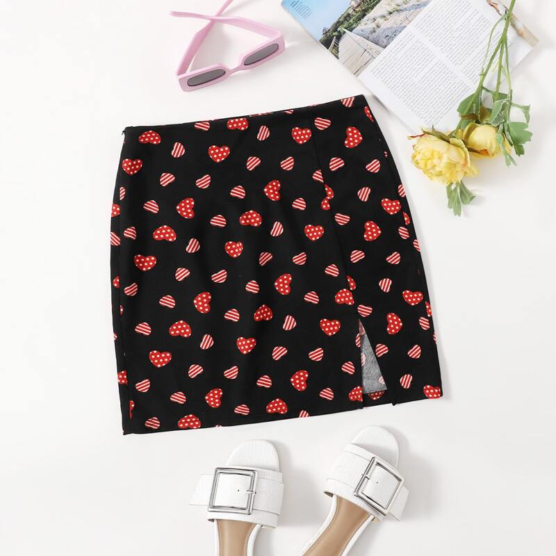 

Slit Hem Allover Heart Skirt, Black