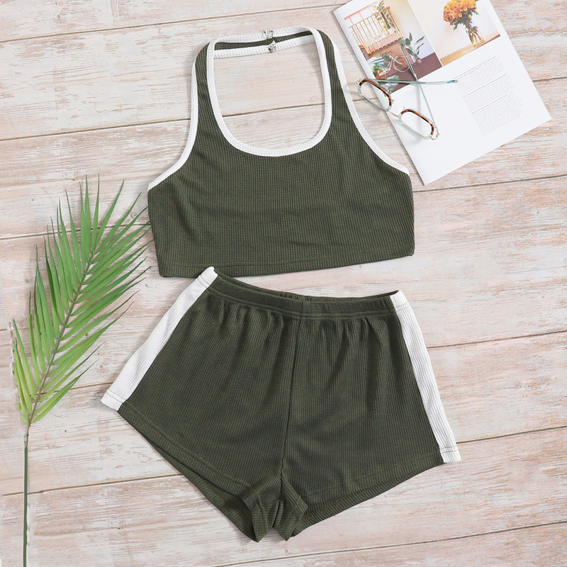 

Rib Knit Panel Halter Lounge Set, Army green