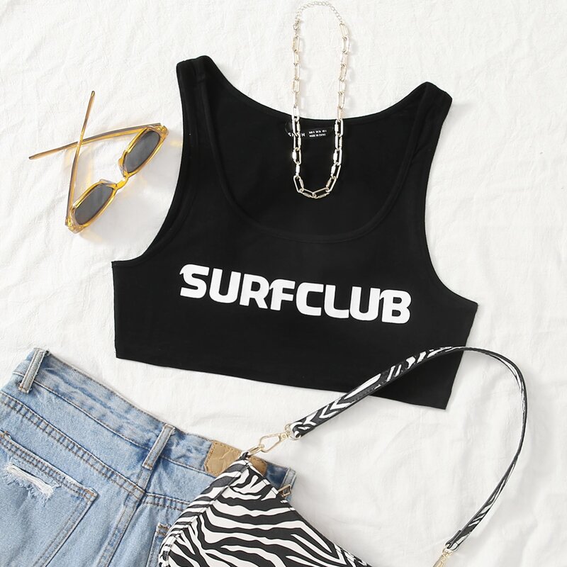 

Letter Graphic Crop Tank Top, Black