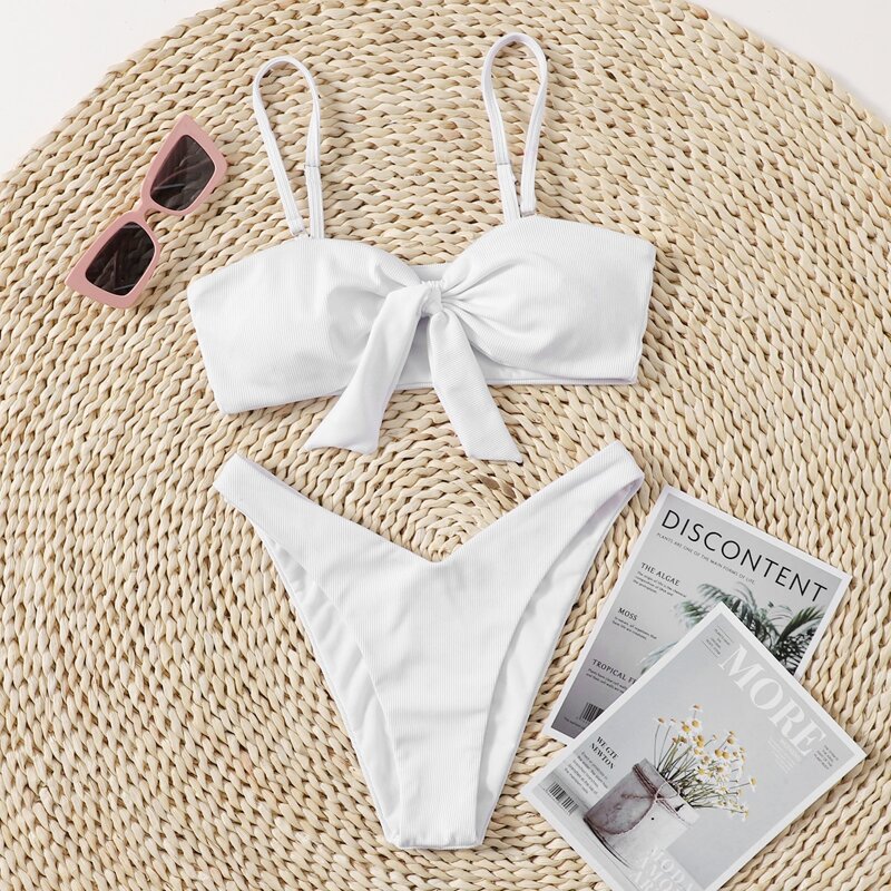 

Solid Knot High Cut Bikini Swimsuit, White