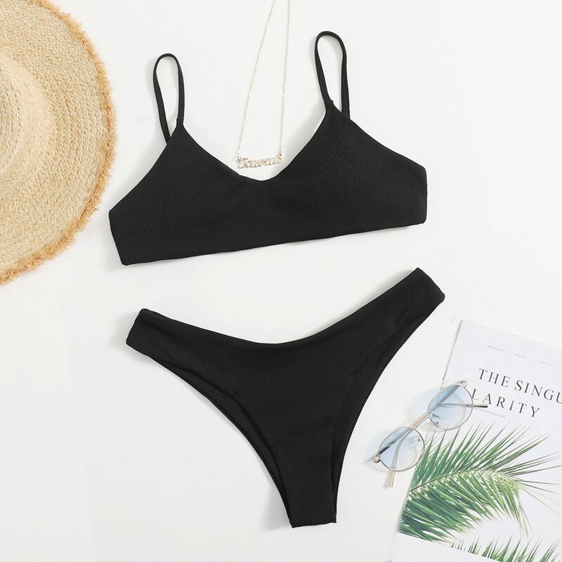

Solid High Cut Bikini Swimsuit, Black