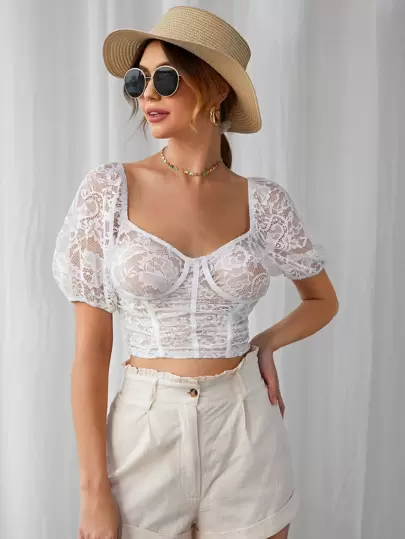 Top corto bustier con encaje de manga farol - Colección de primavera