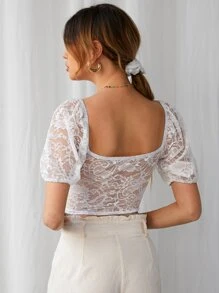 SHEIN 泡泡袖蕾絲露肩短版上衣 - 白色 - 查看 2