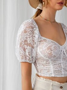 SHEIN 泡泡袖蕾絲露肩短版上衣 - 白色 - 查看 4