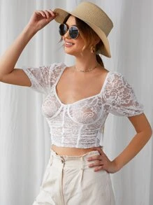 SHEIN 泡泡袖蕾絲露肩短版上衣 - 白色 - 查看 5