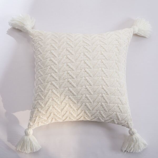 

Tassel Decor Knitted Cushion Cover Without Filler, White