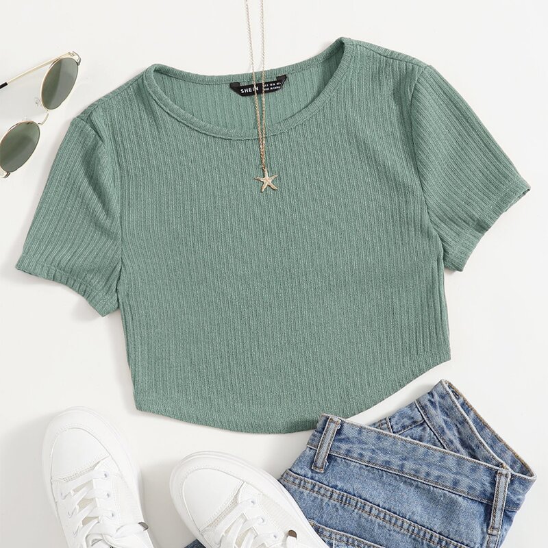 

Solid Rib-knit Tee, Mint green