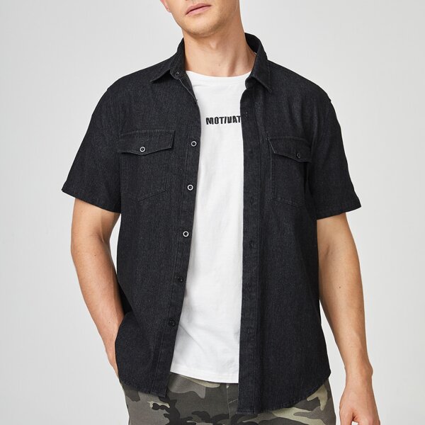 

Men Flap Pocket Button Placket Denim Shirt, Black