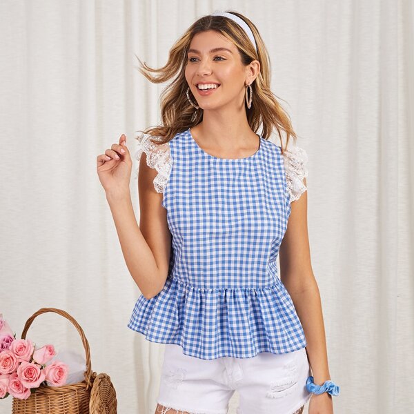 

Mesh Embroidery Ruffle Trim Gingham Peplum Top, Blue and white