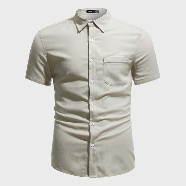 

Men Patch Pocket Curved Hem Shirt, Khaki