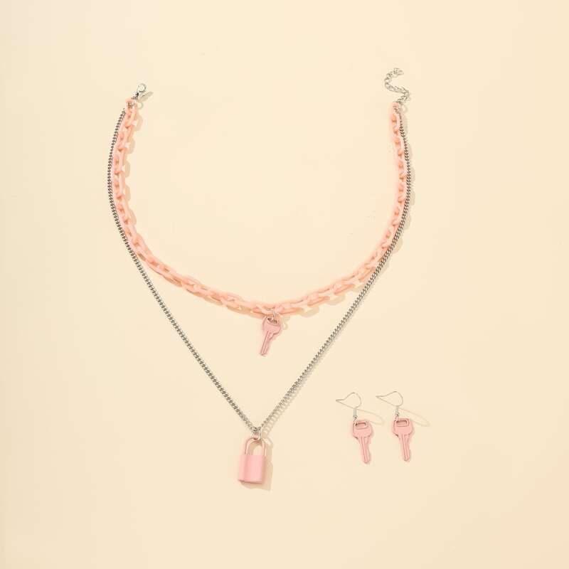 

3pcs Lock & Key Jewelry Set, Baby pink