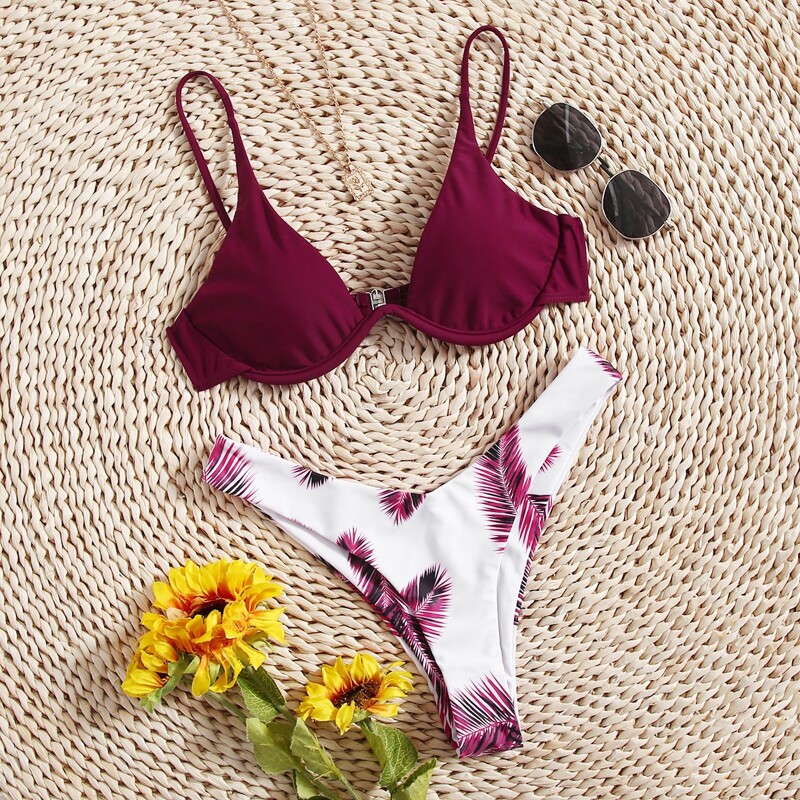 

Leaf Graphic Push Up High Cut Bikini Swimsuit, Multicolor
